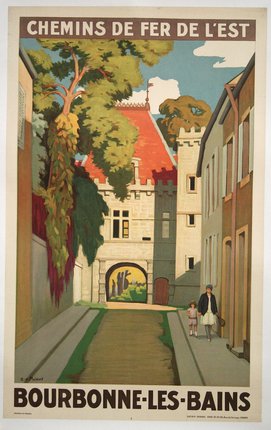 a painting of a woman and child walking down a narrow street
