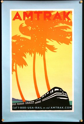 a poster with a train and palm trees