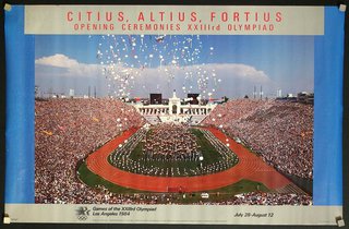 a poster of a stadium with a crowd of people flying in the air