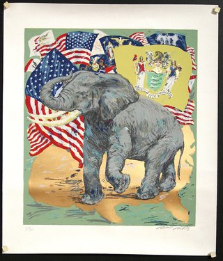 a painting of an elephant and flags
