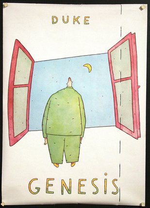 a poster with a man in green pants looking out of a window
