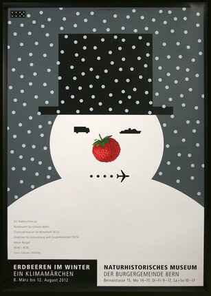 a poster of a snowman with a strawberry on it