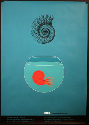 a blue poster with a red sea creature in a bowl