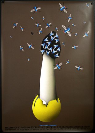a poster with insects flying out of a mushroom