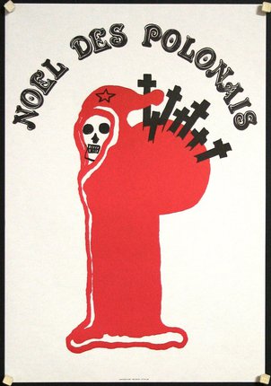 a red and black poster with a skeleton in a red robe