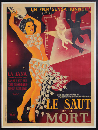 movie poster with an illustration of a showgirl dancing while holding up a tambourine and a figure falling off a tightrope in the distance 