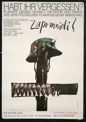 a poster with a helmet on a cross