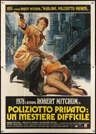 a movie poster with a man pointing a gun to a woman lying on the ground