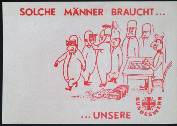 a red and white card with a group of people in suits