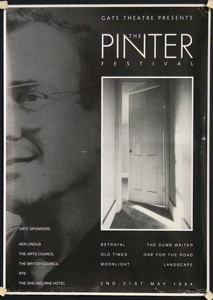 a black and white poster with a man's face and a door
