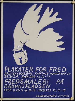 a blue and white poster with a white dove holding a lock