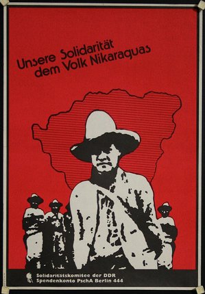 a red poster with a man in a hat