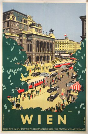 a poster of a city with a crowd of people