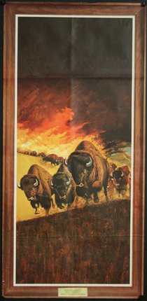 a painting of buffalo running on fire