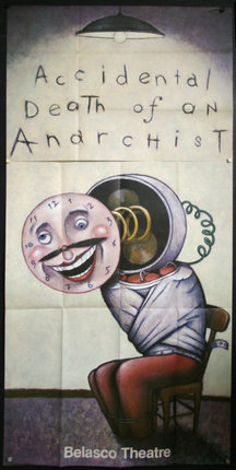 a poster with a cartoon character holding a clock