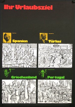 a black and yellow poster with pictures of people