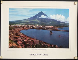 a poster of a mountain and a body of water