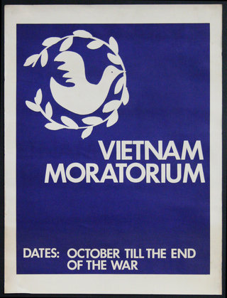 a blue and white poster with a bird and a wreath