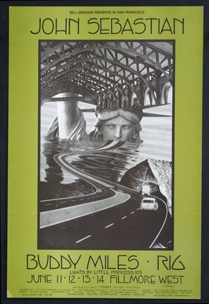 a poster with a bridge and a statue