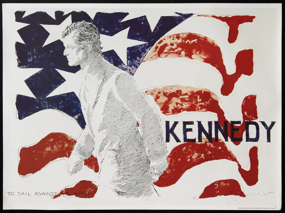 a poster of a man in front of a flag
