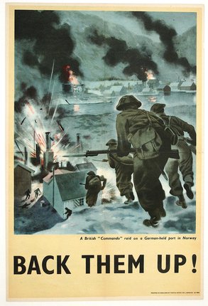 a poster of soldiers running away from a town