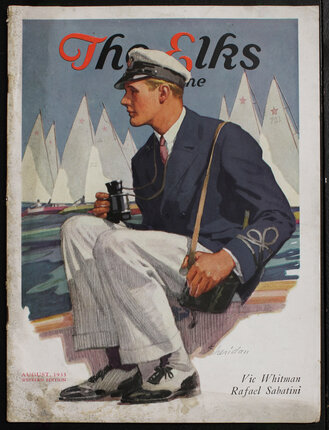 a sitting man in a nautical suit holding binoculars with sailboats behind him