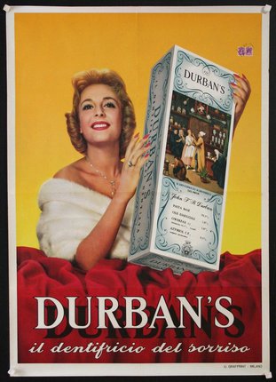 a poster of a woman holding a box of liquor