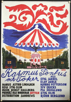 a poster with a carousel and train