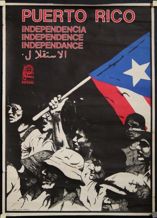 a poster of a group of people holding a flag