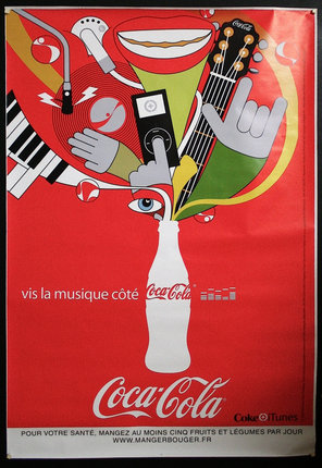 a red poster with a white bottle and a white bottle with a musical instrument
