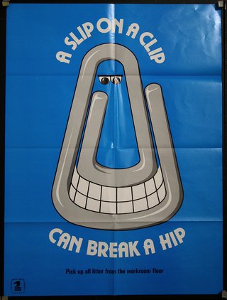 a blue poster with a cartoon face