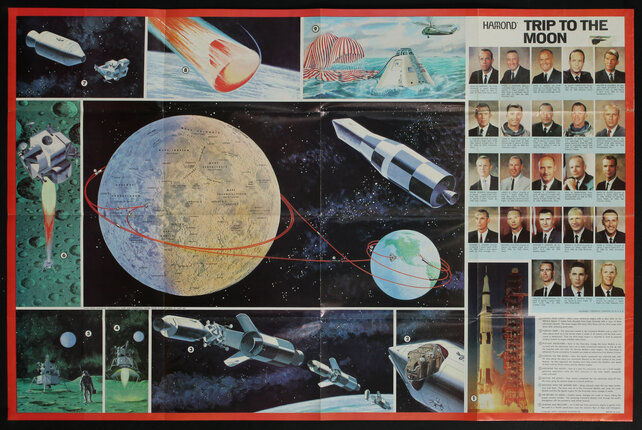 a poster with images of planets rockets and astronaut portraits