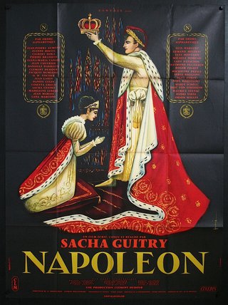 Poster with text and an illustration of Napoleon crowning himself and Joséphine de Beauharnais kneeling. 