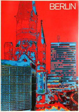 a red and blue poster with a church and buildings