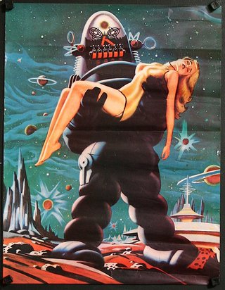 a poster of a woman carrying a robot