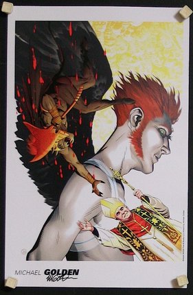 a poster of a man with red hair and a black wing