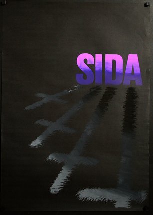 a black poster with purple text