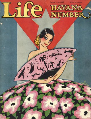 a magazine cover with a woman holding a fan