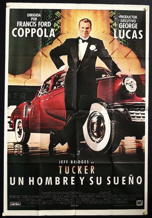 a poster of a man in a tuxedo leaning on a car