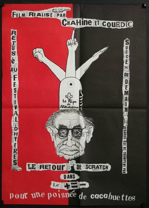 a poster with a man's head and a hand pointing up