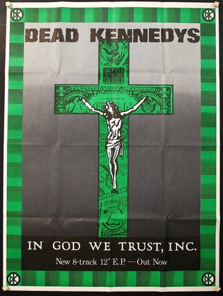 a green and black poster with a cross and a man on it