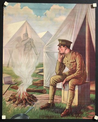 a poster of a soldier sitting on a bench
