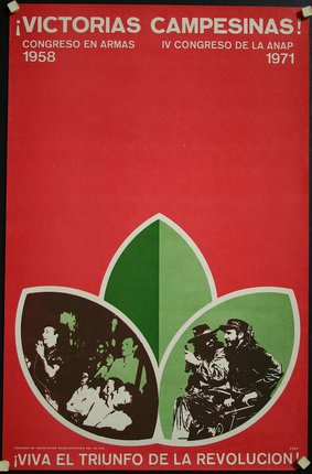a red and green poster with people in the middle
