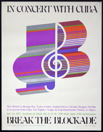a poster with a treble clef and colorful stripes