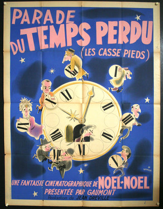 a poster with a clock and people