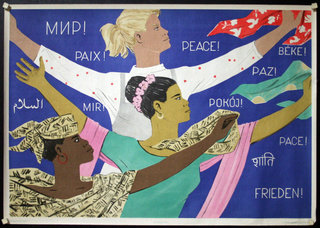 a group of women holding flags