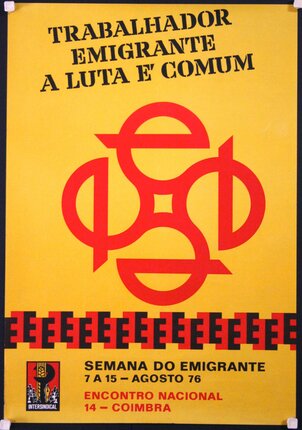 a yellow poster with red letters