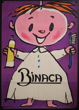 a poster of a child holding a toothbrush and toothpaste