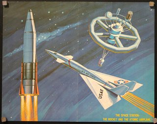a poster of a rocket and a rocket ship