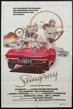 a movie poster of a red car with people in the background